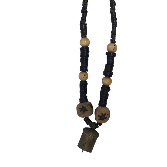 Vintage Dark Light Brown Wood Beaded Necklace Mini Metal Cowbell Bohemian - Picture 5 of 5